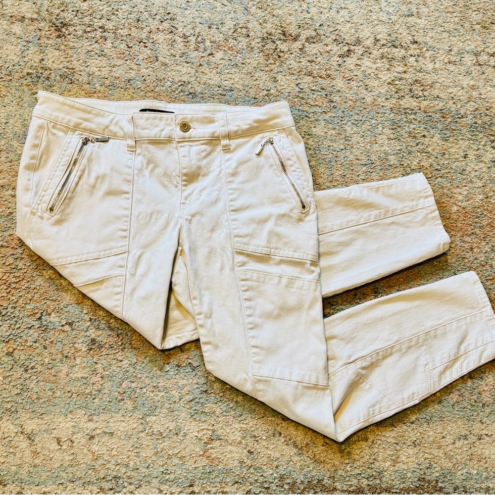 WHBM Skinny Crop Ivory Pants Cargo Fitted Zipper Pockets Stitching Moto Legs S 4